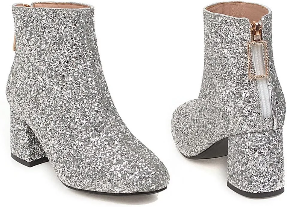Parisuit Womens Sparkly Sequin Glitter Ankle Boots Round Square Toe Chunky Heeled Back Zip Booties