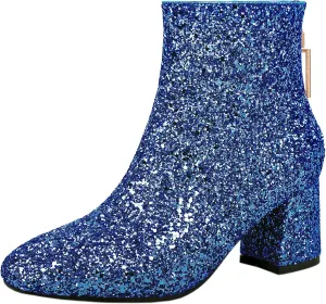 Parisuit Womens Sparkly Sequin Glitter Ankle Boots Round Square Toe Chunky Heeled Back Zip Booties