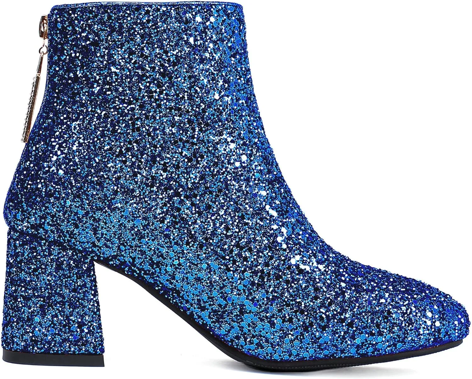 Parisuit Womens Sparkly Sequin Glitter Ankle Boots Round Square Toe Chunky Heeled Back Zip Booties