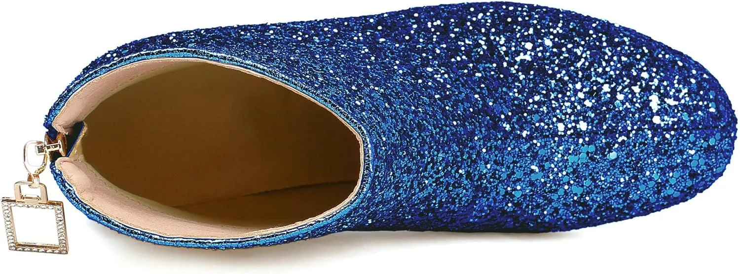 Parisuit Womens Sparkly Sequin Glitter Ankle Boots Round Square Toe Chunky Heeled Back Zip Booties