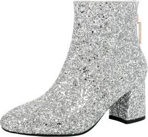 Parisuit Womens Sparkly Sequin Glitter Ankle Boots Round Square Toe Chunky Heeled Back Zip Booties