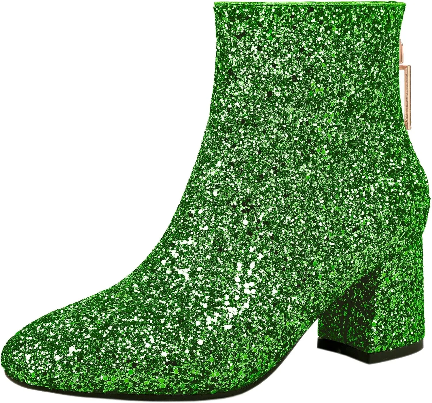 Parisuit Womens Sparkly Sequin Glitter Ankle Boots Round Square Toe Chunky Heeled Back Zip Booties