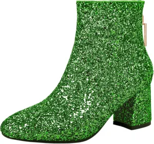 Parisuit Womens Sparkly Sequin Glitter Ankle Boots Round Square Toe Chunky Heeled Back Zip Booties