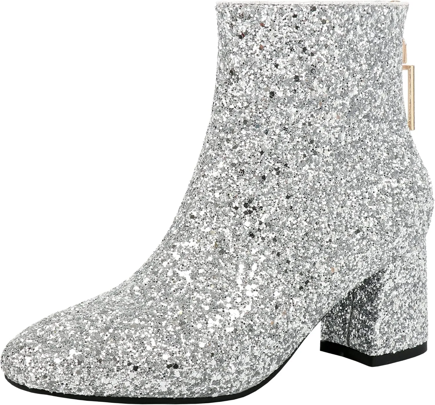 Parisuit Womens Sparkly Sequin Glitter Ankle Boots Round Square Toe Chunky Heeled Back Zip Booties