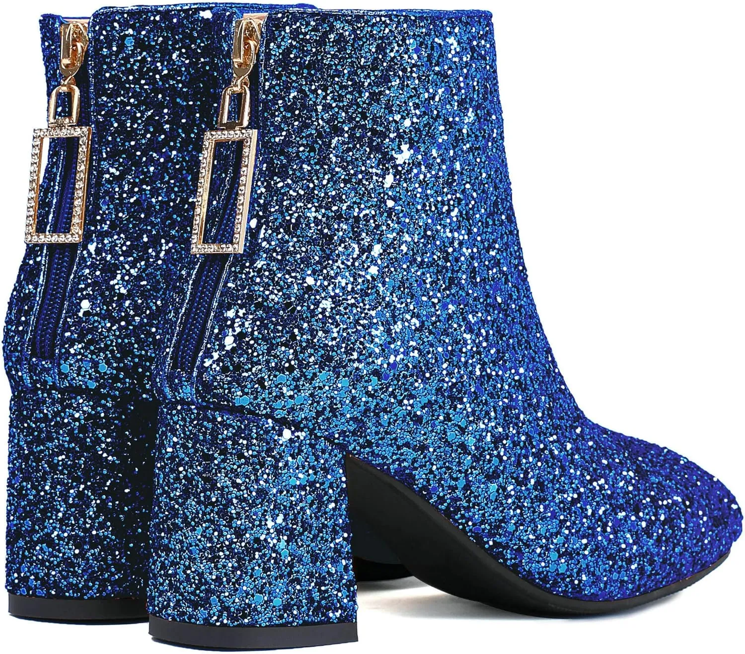 Parisuit Womens Sparkly Sequin Glitter Ankle Boots Round Square Toe Chunky Heeled Back Zip Booties