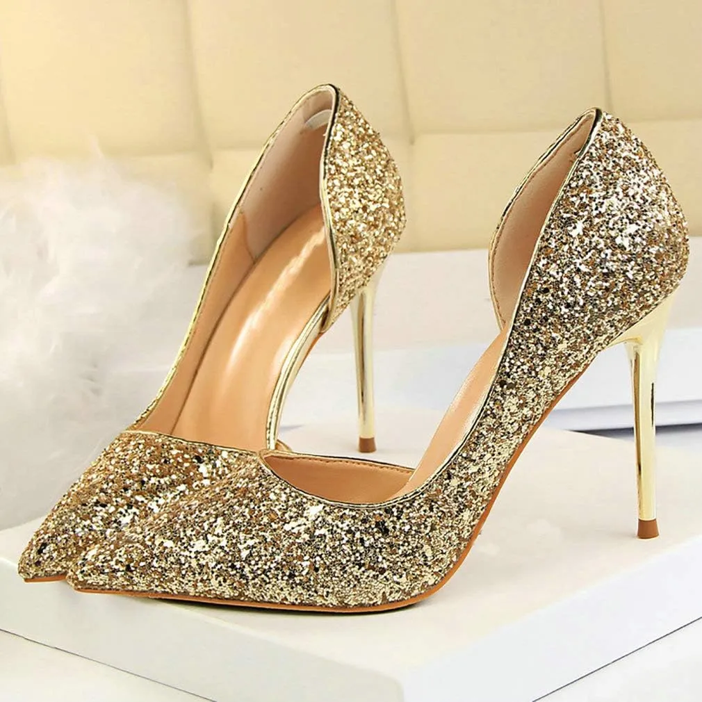 Parisuit Womens Stiletto High Heels Glitter Pumps Closed Pointed Toe Bridal Wedding Party Dress Sequin Sexy Shoes