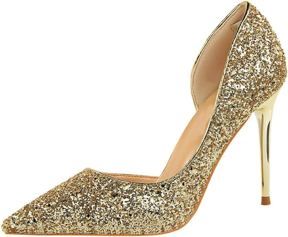 Parisuit Womens Stiletto High Heels Glitter Pumps Closed Pointed Toe Bridal Wedding Party Dress Sequin Sexy Shoes