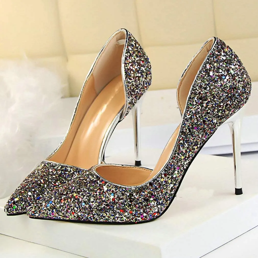 Parisuit Womens Stiletto High Heels Glitter Pumps Closed Pointed Toe Bridal Wedding Party Dress Sequin Sexy Shoes