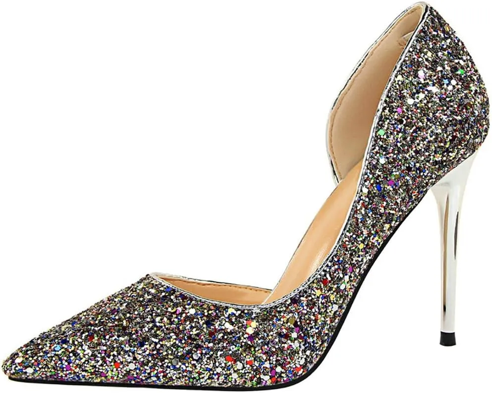 Parisuit Womens Stiletto High Heels Glitter Pumps Closed Pointed Toe Bridal Wedding Party Dress Sequin Sexy Shoes