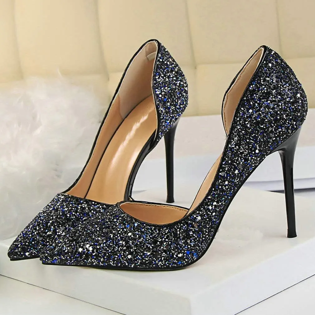 Parisuit Womens Stiletto High Heels Glitter Pumps Closed Pointed Toe Bridal Wedding Party Dress Sequin Sexy Shoes