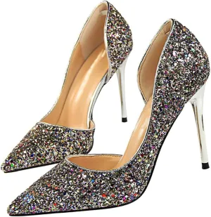 Parisuit Womens Stiletto High Heels Glitter Pumps Closed Pointed Toe Bridal Wedding Party Dress Sequin Sexy Shoes
