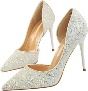 Parisuit Womens Stiletto High Heels Glitter Pumps Closed Pointed Toe Bridal Wedding Party Dress Sequin Sexy Shoes