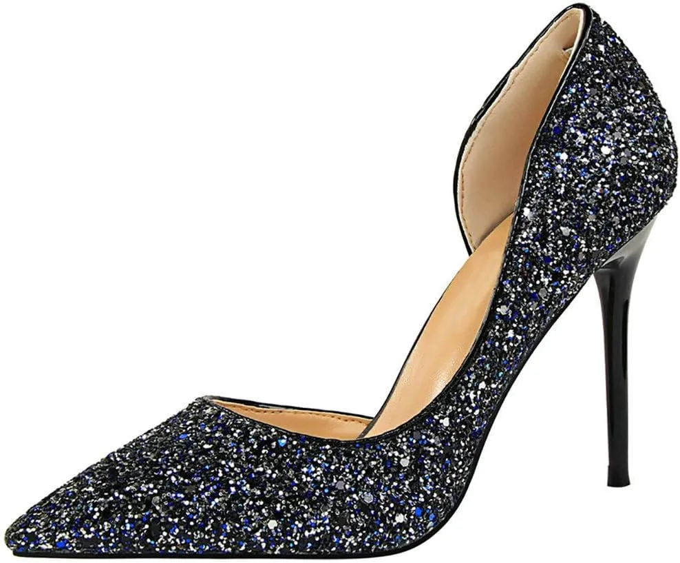 Parisuit Womens Stiletto High Heels Glitter Pumps Closed Pointed Toe Bridal Wedding Party Dress Sequin Sexy Shoes