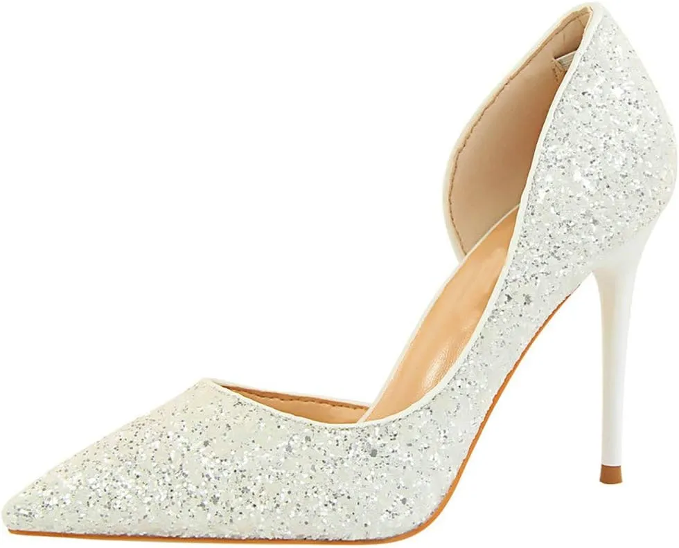 Parisuit Womens Stiletto High Heels Glitter Pumps Closed Pointed Toe Bridal Wedding Party Dress Sequin Sexy Shoes