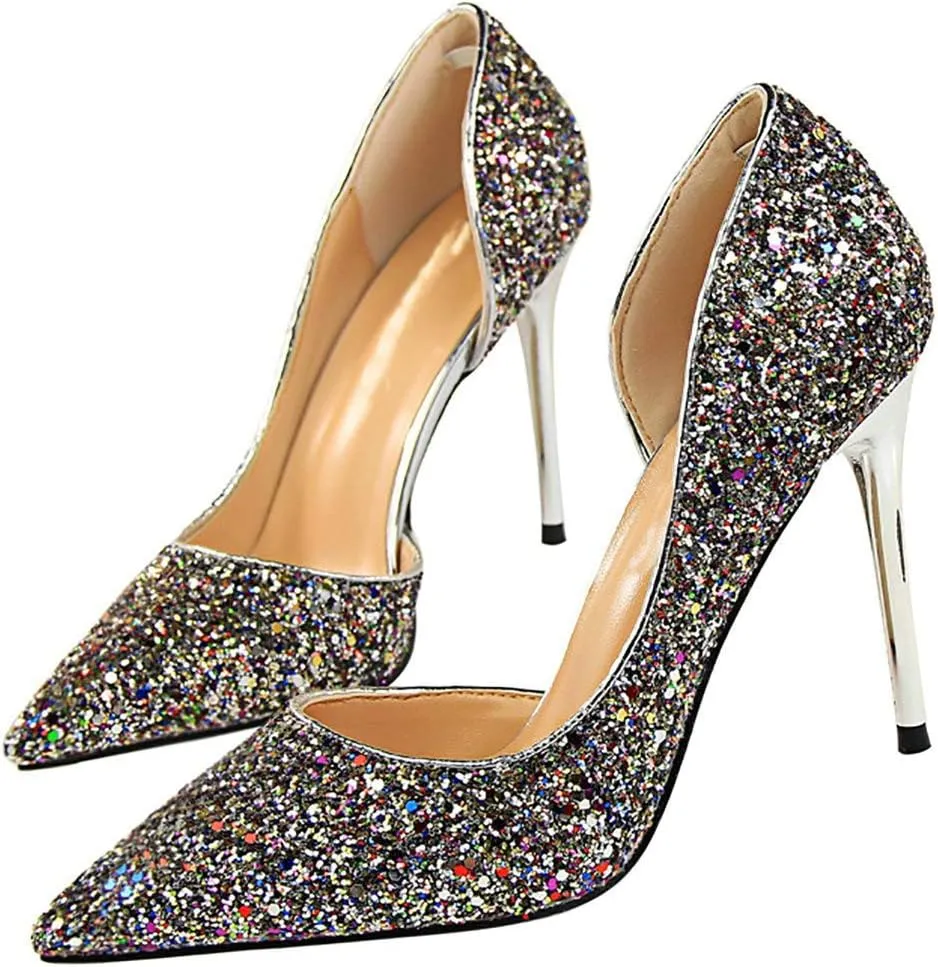 Parisuit Womens Stiletto High Heels Glitter Pumps Closed Pointed Toe Bridal Wedding Party Dress Sequin Sexy Shoes