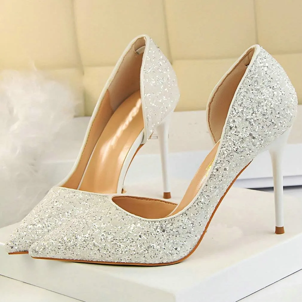 Parisuit Womens Stiletto High Heels Glitter Pumps Closed Pointed Toe Bridal Wedding Party Dress Sequin Sexy Shoes