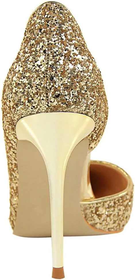 Parisuit Womens Stiletto High Heels Glitter Pumps Closed Pointed Toe Bridal Wedding Party Dress Sequin Sexy Shoes