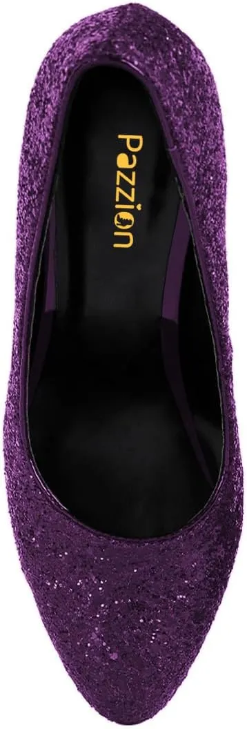 Pazzion Women's Glitter Sequins Closed Round Toe Pumps Chunky High Heels Slip On Ladies Shoes for Wedding Bridal Party Size 4-16 US