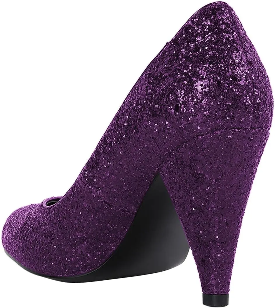 Pazzion Women's Glitter Sequins Closed Round Toe Pumps Chunky High Heels Slip On Ladies Shoes for Wedding Bridal Party Size 4-16 US