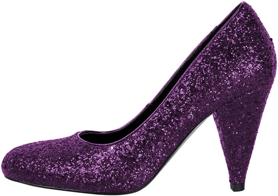Pazzion Women's Glitter Sequins Closed Round Toe Pumps Chunky High Heels Slip On Ladies Shoes for Wedding Bridal Party Size 4-16 US