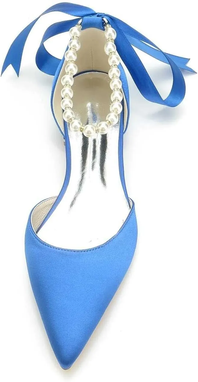Pearl Ankle Strap Flats Wedding Shoes for Bride Pointed Toe Closed Toe Satin Bridal Shoes for Classic Wedding & Party Dress Shoes