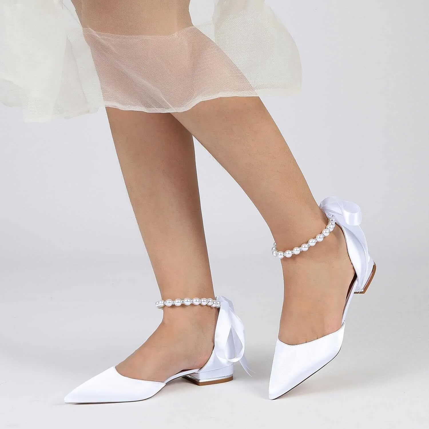 Pearl Ankle Strap Flats Wedding Shoes for Bride Pointed Toe Closed Toe Satin Bridal Shoes for Classic Wedding & Party Dress Shoes