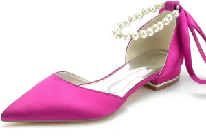 Pearl Ankle Strap Flats Wedding Shoes for Bride Pointed Toe Closed Toe Satin Bridal Shoes for Classic Wedding & Party Dress Shoes