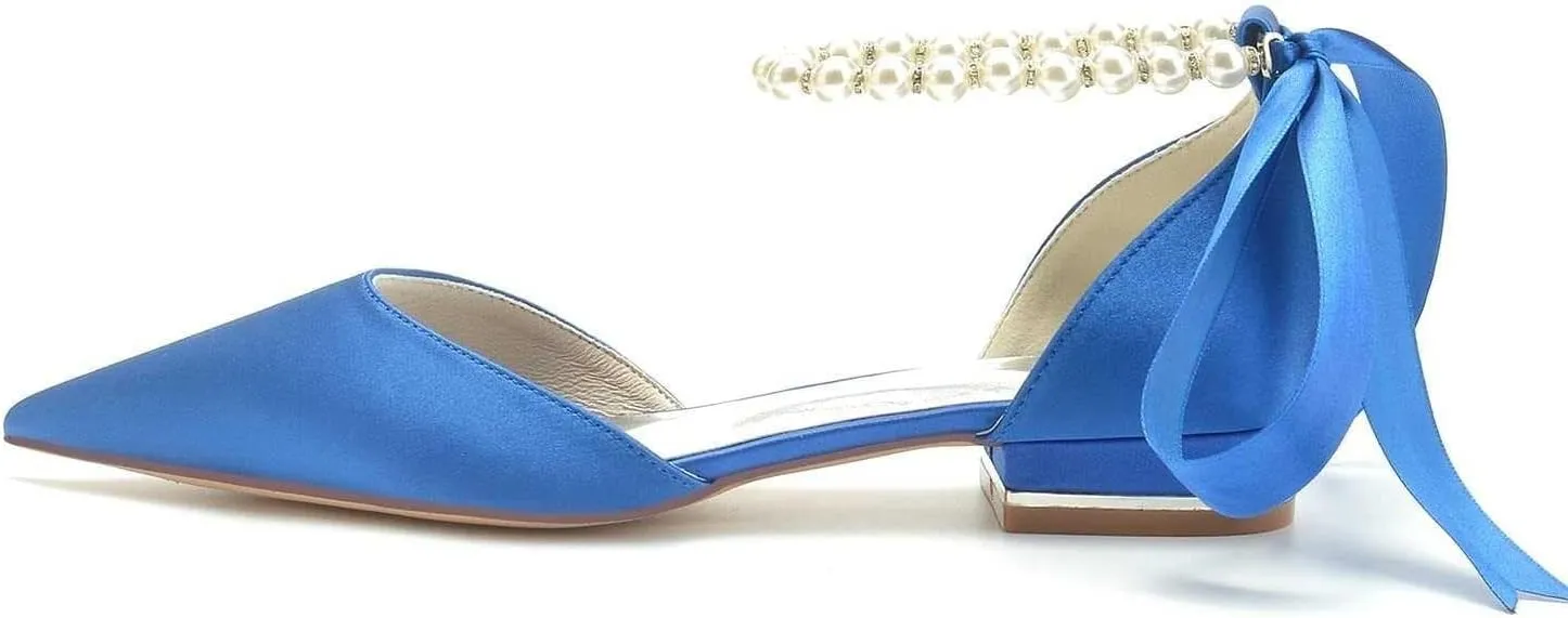 Pearl Ankle Strap Flats Wedding Shoes for Bride Pointed Toe Closed Toe Satin Bridal Shoes for Classic Wedding & Party Dress Shoes