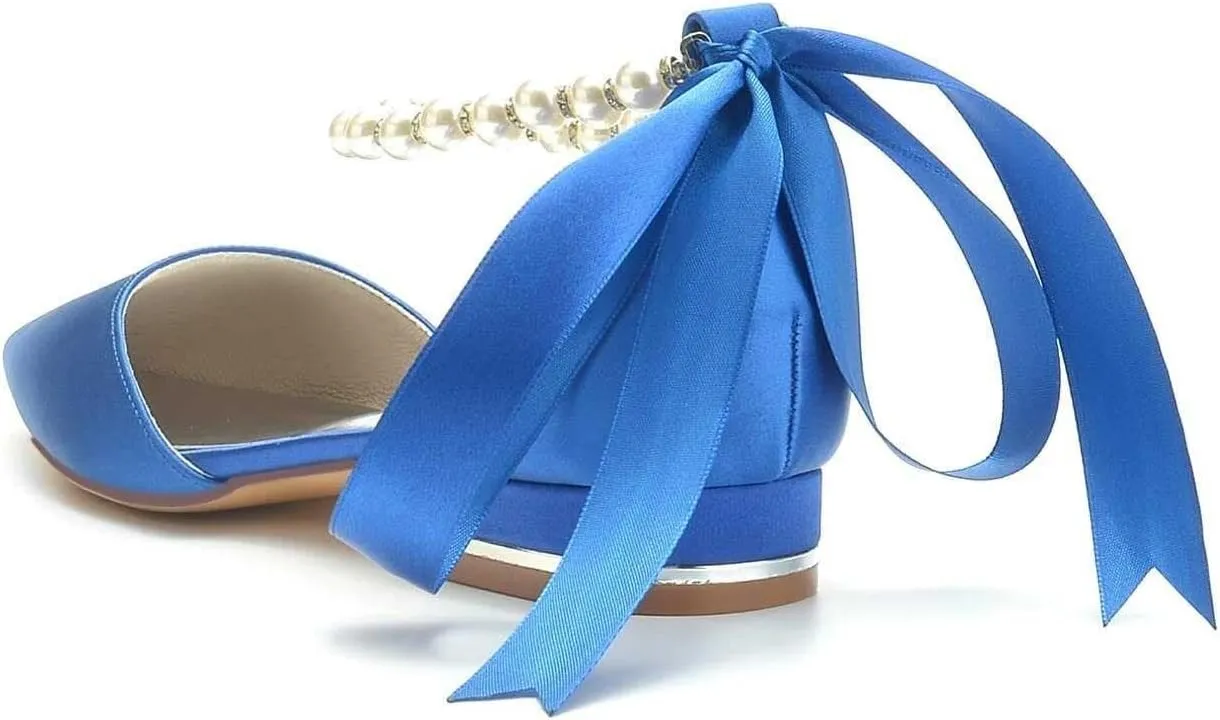 Pearl Ankle Strap Flats Wedding Shoes for Bride Pointed Toe Closed Toe Satin Bridal Shoes for Classic Wedding & Party Dress Shoes