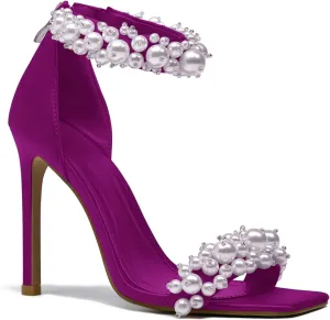 Pearl Stiletto Heels for women Satin Strap Open Square Toe Back Zipper High Heels Sandals