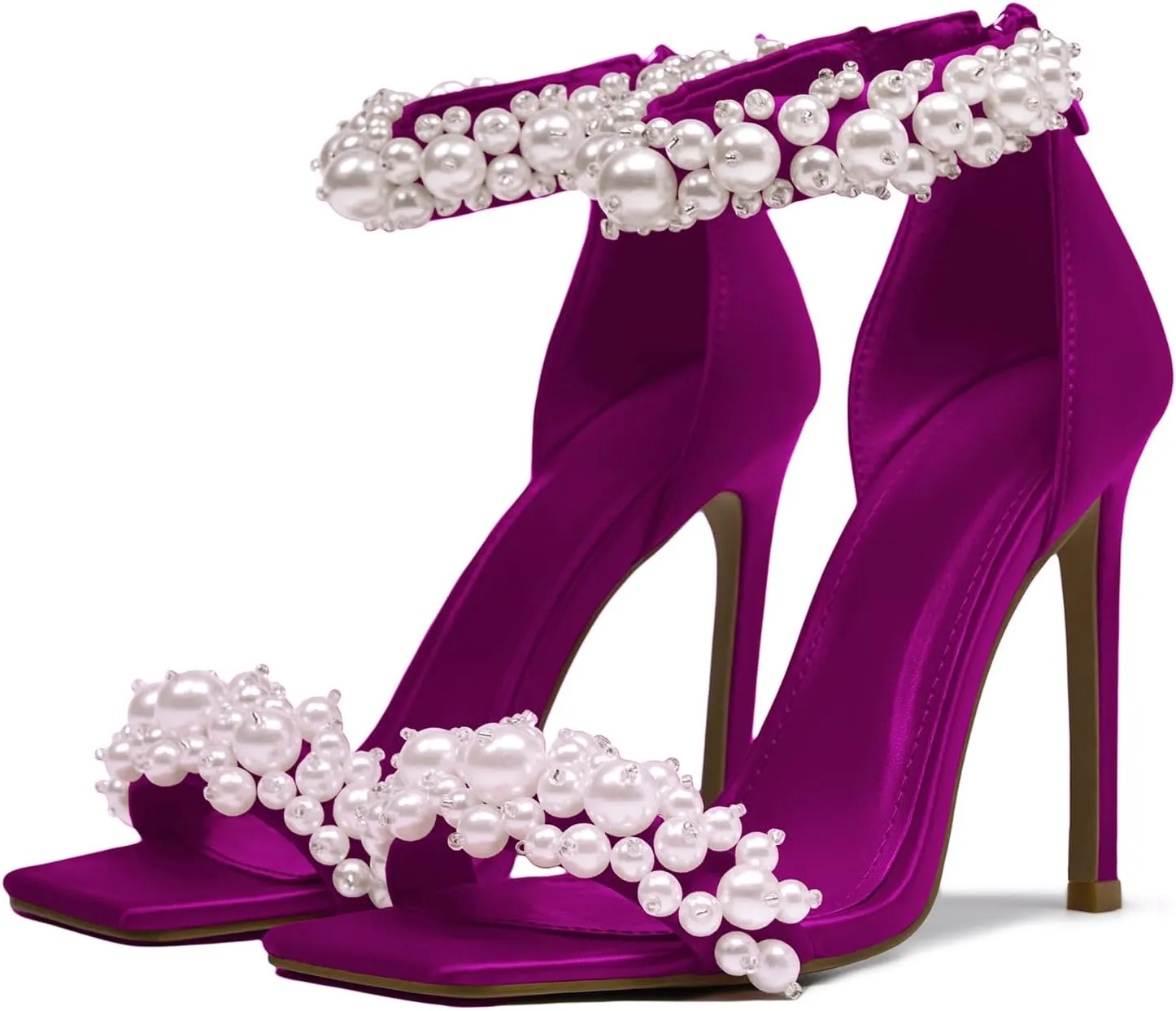 Pearl Stiletto Heels for women Satin Strap Open Square Toe Back Zipper High Heels Sandals