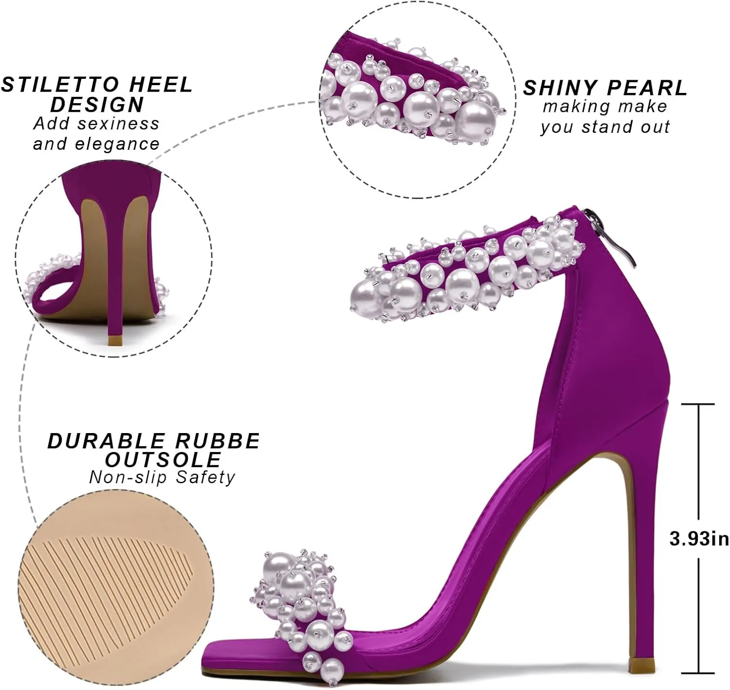 Pearl Stiletto Heels for women Satin Strap Open Square Toe Back Zipper High Heels Sandals