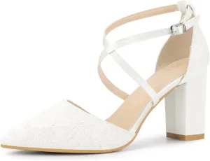 Perphy Crisscross Straps Closed Toe Block Heels Lace Pumps for Women