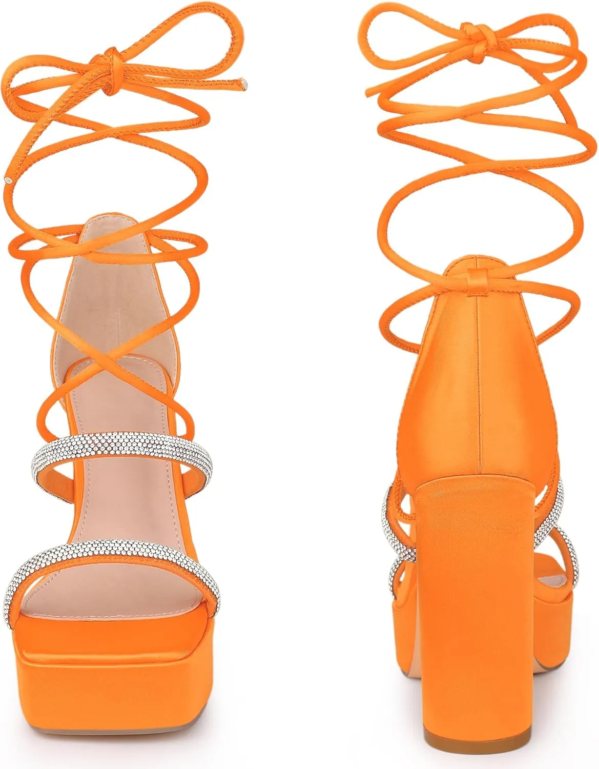 Perphy Rhinestone Platform Lace Up Chunky Heels Sandals for Women