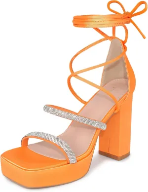 Perphy Rhinestone Platform Lace Up Chunky Heels Sandals for Women