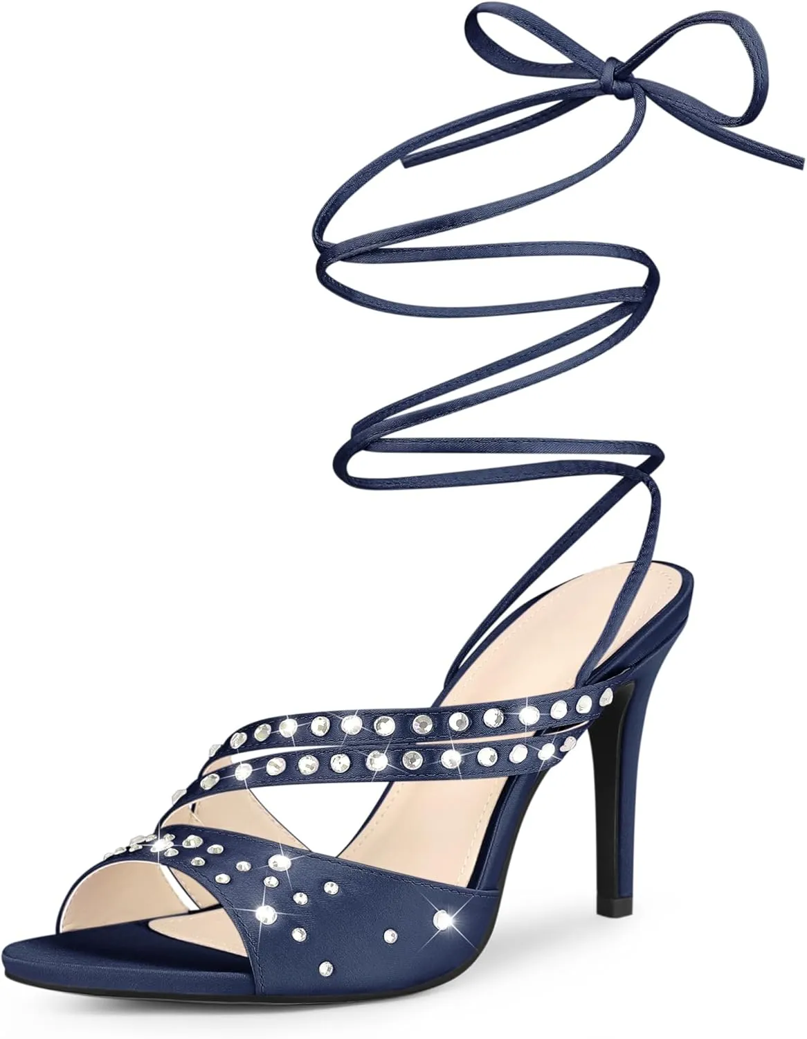 Perphy Rhinestone Satin Lace Up Stiletto Heel Sandal for Women