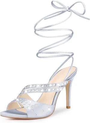 Perphy Rhinestone Satin Lace Up Stiletto Heel Sandal for Women