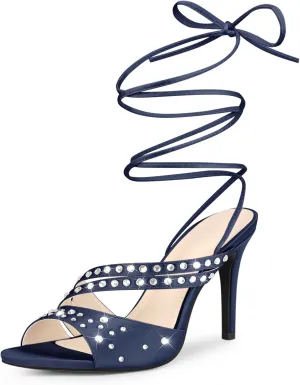 Perphy Rhinestone Satin Lace Up Stiletto Heel Sandal for Women