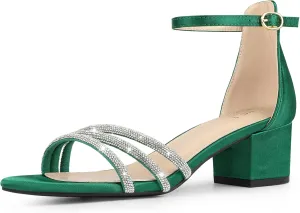 Perphy Satin Rhinestones Open Toe Chunky Heel Sandals for Women