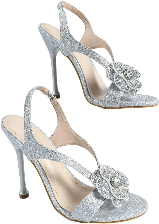Pink High Heel Sandals for Women, Women's Satin Rhinestone Flower Heels with Ankle Strap, Elegant Dressy Shoes for Weddings, Parties & Evening Events (US 6-10.5)