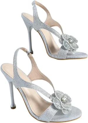 Pink High Heel Sandals for Women, Women's Satin Rhinestone Flower Heels with Ankle Strap, Elegant Dressy Shoes for Weddings, Parties & Evening Events (US 6-10.5)