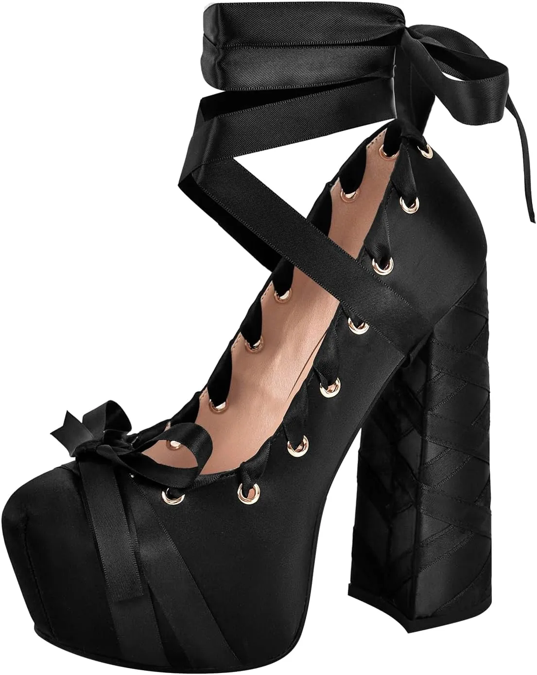 Platform Heels Chunky Bow Ribbon Pumps