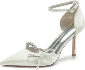 Pointed Satin Heels Wedding Shoes for Bride Ankle Strap Rhinestones Buckle Bridal Shoes Dress Pumps for Women