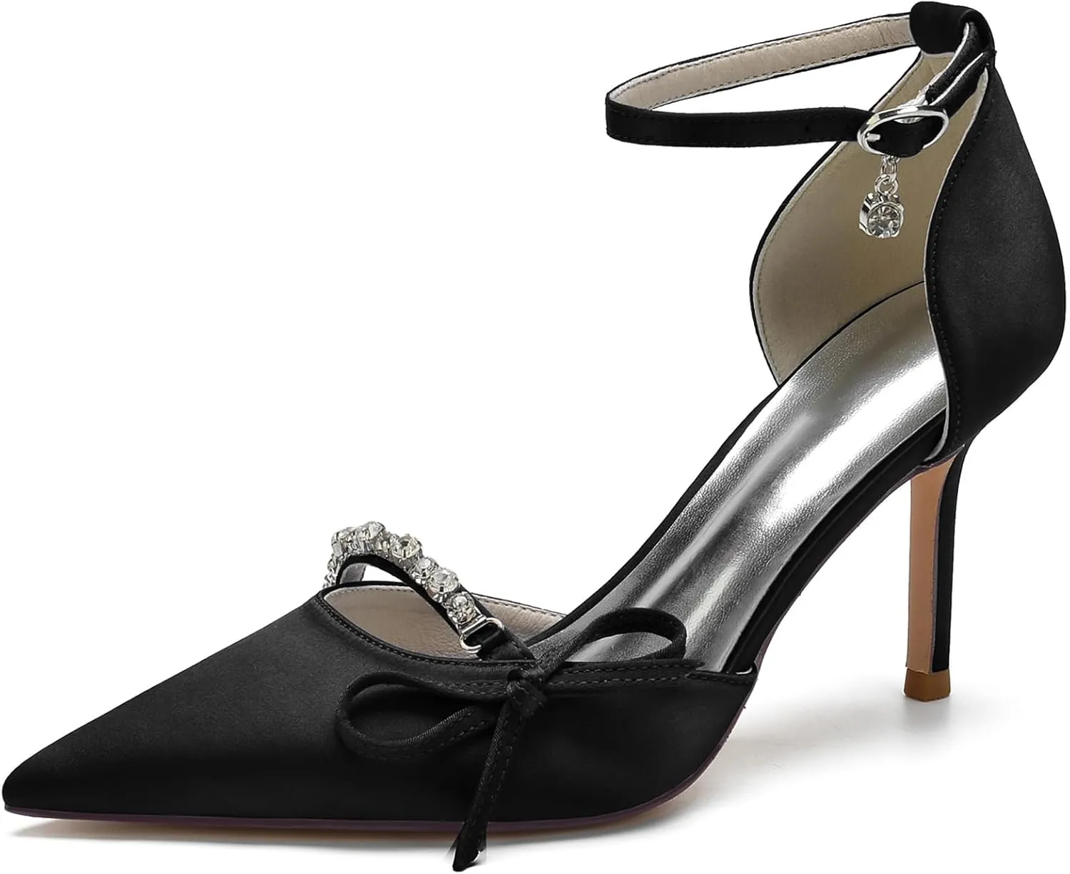 Pointed Satin Heels Wedding Shoes for Bride Ankle Strap Rhinestones Buckle Bridal Shoes Dress Pumps for Women