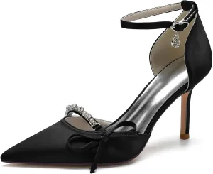 Pointed Satin Heels Wedding Shoes for Bride Ankle Strap Rhinestones Buckle Bridal Shoes Dress Pumps for Women
