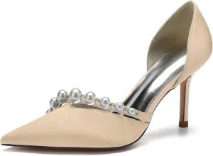 Pointed Toe Pearl Wedding Comfortable Heels Slip On Wedding Shoes for Bride Satin Bridal Shoes Dress Pumps for Women