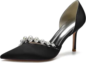 Pointed Toe Pearl Wedding Comfortable Heels Slip On Wedding Shoes for Bride Satin Bridal Shoes Dress Pumps for Women