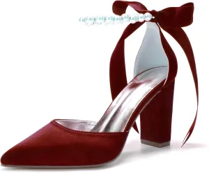 Pointed Toe Wedding Block Heels 9CM Shoes Pearl Ankle Buckle Bridal Sandals Satin Bowknot Strap Evening Party Dress Pumps Beaded,Wine red,9