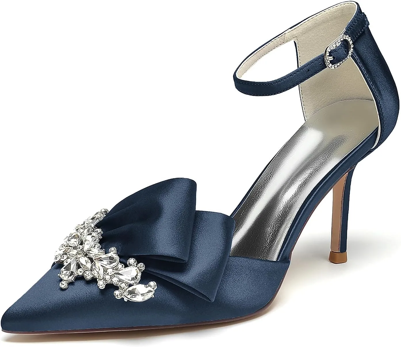Pointed Toe White Wedding Shoes for Bride High Heels Satin Bridal Shoes Ankle Strap Crystal White Heels Dress Shoes for Women Pumps