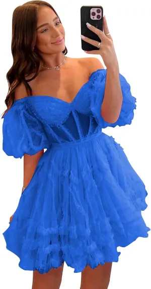 POMUYOO Women's Puffy Sleeve Short Homecoming Dresses Corset Tiered Tulle Prom Ball Gown YG242